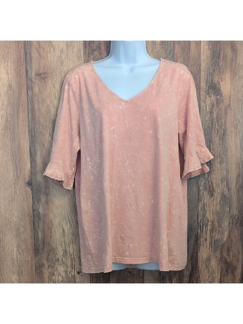 BiBi Pink Splothy V-Neck Ruffle Sleeve Tee L